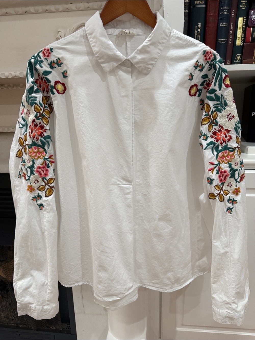 POL Floral Embroidered Button Down Shirt White Boho Cottagecore L Long Sleeve